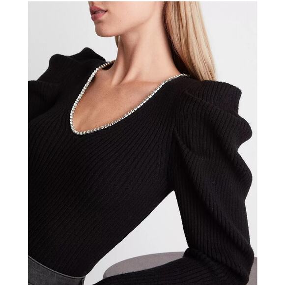 NWT EXPRESS | Black Knit Puff Sleeve Rhinestone holiday cocktail Sweater - Picture 2 of 6